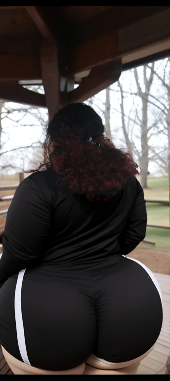 there are two people standing under a shelter talking to each other, photo still of behind view, shot from the back, view from the back, seen from the back, back of the hair, from the back, wearing a black hoodie, with curly red hair, facing away from camera, long dark curly hair, over the shoulder view, in a black hoodie, beautiful girl, big ass, huge ass, bbw, from behind, thick, thick thighs, wide hips, bbw, big , sideboob, giant ass, back view, big butt, round butt, tight underwear, underwear halfway off, underwear taking off, grabbing ass, ass spilling over underwear, too thick for clothes, looking left, leftwards, latina, from behind, tall girl