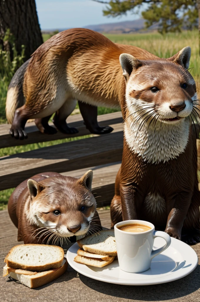 An otter eating a sandwich and a fox having a coffee