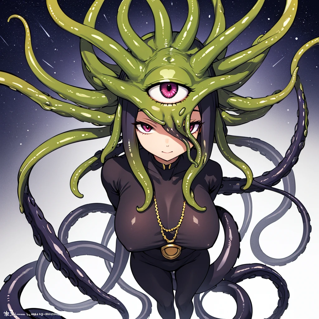 (No humans)、An alien tentacle creature with tentacles branching out from a central body with a single large eye、From above