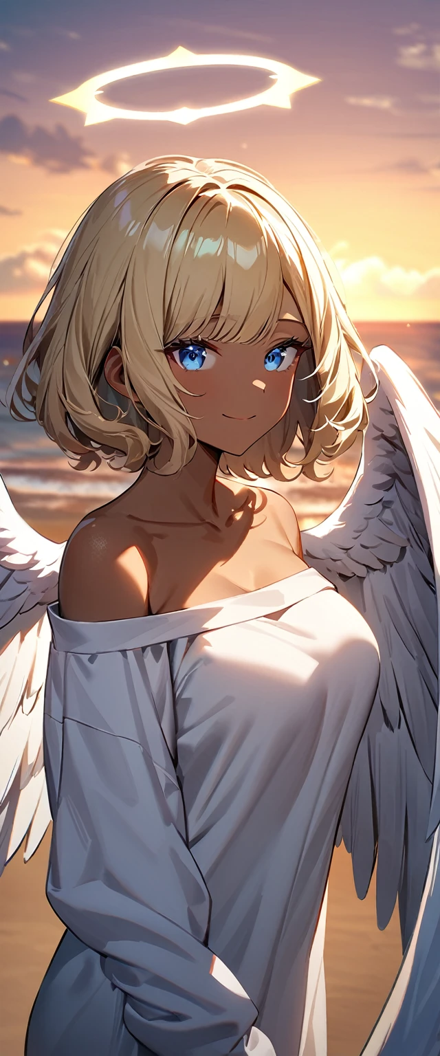 (((One girl))), full wing, ((tanned skin:1.2)), flying in the sky, ((angel, big big white wings:1.2, halo:1.3)), ((wavy hair)), evening, Sunset, sea, beach, ((blond hair, bob cut:1.3)), big breasts, teenager, (looking at viewer), oversized clothes, puffy long sleeves, collarbone, ((off-shoulder sweater dress:1.3, Quite thick shoulder straps)), (((sleeves past wrists:1.3))), ((white sweater)), collarbone, head tilt:1.3, (((blue eye))), ((happy smile)), (((anime style))), (best quality, 4K, 8K, highres, masterpiece:1.2, ultra-detailed, ultra-detailed eyes, HDR, uhd, studio lighting, ultra-fine painting, sharp focus, physically-based rendering, extreme detail description, professional, vivid colors, bokeh), ((Highest quality, Best image quality, Ultra-high resolution, Ultra-high resolution, solo, Strong eye highlights)), Depth of written boundary, Natural soft light, attractive, Beautiful Face, Cleanliness, Pure Face, medium chest, Beautiful Face, Perfect Fingers, Perfect hands, Perfect body, Perfect Face, Shine a light into your eyes, Perfect Anatomy