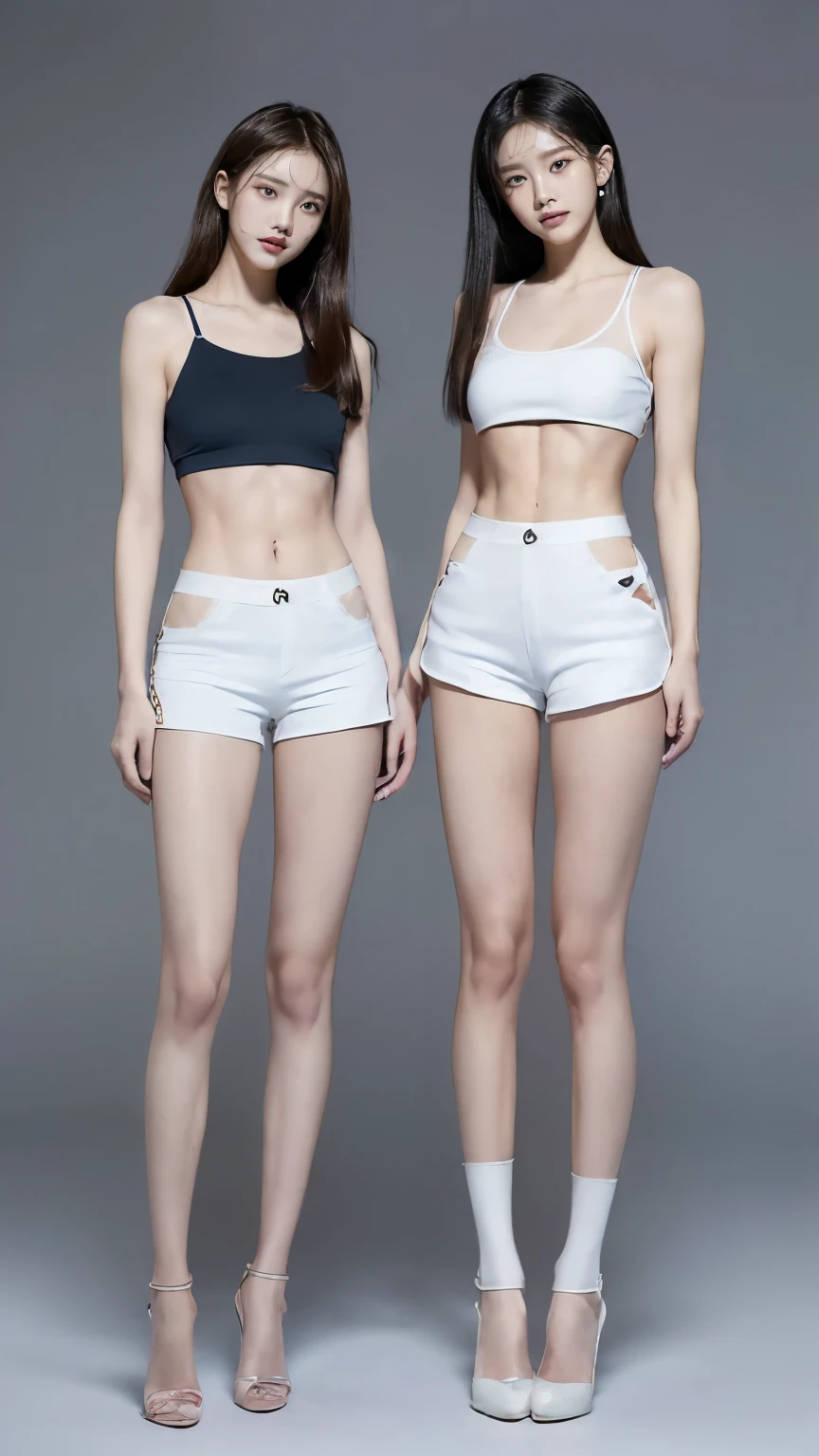 (8K、Raw photo、最high quality、masterpiece:1.5),(((((((Both of them stand with their legs apart:1.9))))))),(((((Both of them have an inseam that is more than half their height.:1.8))))),((Both have bare legs:1.6)),((Both of them are super slim:1.4)),(((((Two girls who look just like WONYOUNG from the k-pop group IVE were photographed:1.9))))),(((They both have super skinny legs:1.6))),(((Both are 173cm tall:1.4))),((Perfect k-pop IVE WONYOUNG style duo:1.4)),(((((Both of them take full body shots:1.8))))),((((Both of you should face your whole body straight ahead.:1.8)))),(((Photographed from below to show the whole body of the legs so that they look longer.:1.7))),Skin irregularities are reproduced in minute detail:1.4, (Super thin waist: 1.2),((超Thin thighs:1.3)), Thin buttocks,Open the navel,1Detailed reproduction of the navel,((Perfect super slim legs:1.3)),(((both of them are the same height:1.3))),(((Both of them have amazingly slim figures.:1.2))),(((Both are wearing micro shorts with a rise of 15cm and an inseam of 1cm.:1.8))),(Both are :1.2),((((Both of them are extremely exposed.:1.7)))),(((((Both of them have super-strong abs:1.9))))),((Both of them were wearing short, form-fitting white sports bras.:1.4)),(((Big boobs but no bra:1.4))),(((Both of them had high, erect nipples clearly visible protruding from under their white sports bras.:1.4))),((((Standing in a fashionable theme park on a sunny day:1.4)))),Highly detailed face and skin texture,(Both of you stand with your legs straight and without bending your knees.:1.3),(((They're both the same height:1.4))),((Both of them look just like WONYOUNG from the K-pop idol IVE.:1.8)), ((((Sunny afternoon:1.3)))),((cute:1.4)),Both are fair-skinned Asians,,Both of them have beautiful eyes,,Both of them have beautiful eyes,,Both of them have beautiful noses, which are realistically reproduced.,Both of them have realistic eyes.,Both have beautiful mouths,((They both have beautiful fingers)),nail,Both of them have beautiful faces.,Both of their beautiful faces are realistically reproduced.,cute,(Ultra-Realistic Details), Natural Shadows,(Very small hips:1.4),Large firm breasts, Super long thighs,(((超Thin thighs:1.2))),(((Super slim calves))),(Both of them have the slender bodies of well-trained track and field athletes.:1.5),(Super muscular body:1.5),Super toned waist,(Super thin waist:1.3),((White high heels:1.2)),lengthen limbs,(((((Shooting the whole body from calf height:1.6))))),(Both of them have slim, toned ankles.:1.2),((((Wide open abdomen:1.5)))),Hands on hips,Both of them face forward,((Both figures have detailed and clear reproduction of the crotch area.)),((Super long legs:1.3)),Thin thighs,((Both of them have bare legs.:1.6)),((Both of them are showing off their legs in a very extreme way.:1.5),((Both of them are showing off their bellies in an extremely extreme way.:1.4),(Black hair ponytail),(Neither of them wears tights or socks.:1.5),((Both of them stand up straight.)),((Keep your hips facing forward:1.5)),2人とも8頭身スタイルBeauty,The ankles are super thin,The arms are very thin and muscular,Make your arms thinner,(((Clearly reproduces the skin texture of the legs down to the finest detail))),Faithfully reproducing the fingers of the hand,(Both of them have super long legs.),(Accurate reproduction of each finger:1.3),(((Each toe is accurately reproduced:1.2))),The middle of the thighs are very thin,(((Clearly reproduces the muscle texture of ultra-muscular and ultra-thin calf skin))),(((超筋肉質な超Thin thighsの肌の筋肉質感を明確に再現する))),(Very tight waist:1.2),((Both of them have an inseam that is more than half their height.の美脚:1.6)),(Extremely thin thighs:1.3),Beauty,Fine skin,Firm skin,(((Both of them should fit from the top of their heads to the toes of their heels.:1.5))),(((They both have super skinny legsの肌を細部まで忠実に再現する))),(Both of them are super muscular and have super thin legs with realistic skin.:1.3),((Realistically reproduces the fine details of toned, slender leg skin:1.3)),((Dazzling Midsummer)),(((Both of them have super-strong quadriceps:1.6))),(((Both of them have extremely well-trained gastrocnemius and soleus muscles.:1.6))),((2人とも超細くてSuper long legs:1.2)),Front lighting,Super detailed, High detail, high quality, Awards,High resolution,(Anatomically correct:1.5)