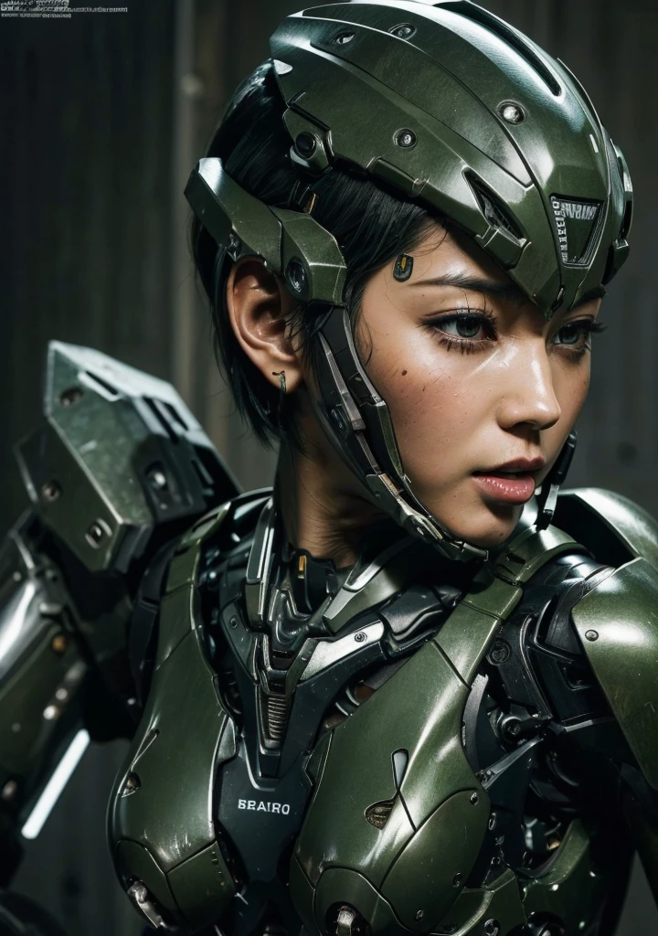 Textured skin, Very detailed, Attention to detail, high quality, 最high quality, High resolution, 1080P, hard disk, beautiful,(War Machine),beautifulサイボーグ女性,Mecha Cyborg Girl,Battle Mode,Girl with a mechanical body Black Hair Short Hair Boyish Dark green armor Sweaty and wet face Change is over Met Off Steam coming out of the head Steam coming out of the whole body Painful expression Please open your mouth wide Snug-fitting headgear Black inner suit Full body portrait from the front