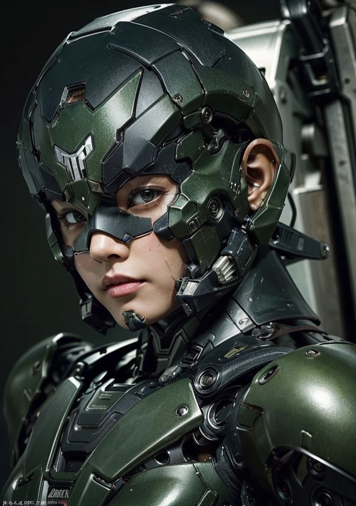 Textured skin, Very detailed, Attention to detail, high quality, 最high quality, High resolution, 1080P, hard disk, beautiful,(War Machine),beautifulサイボーグ女性,Mecha Cyborg Girl,Battle Mode,Girl with a mechanical body Black Hair Short Hair Boyish Dark green armor Sweaty and wet face Change is over Met Off Steam coming out of the head Steam coming out of the whole body Painful expression Please open your mouth wide Snug-fitting headgear Black inner suit Full body portrait from the front