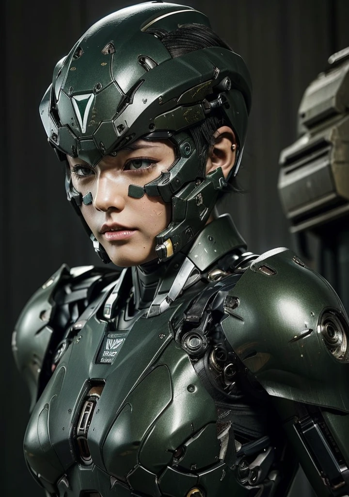 Textured skin, Very detailed, Attention to detail, high quality, 最high quality, High resolution, 1080P, hard disk, beautiful,(War Machine),beautifulサイボーグ女性,Mecha Cyborg Girl,Battle Mode,Girl with a mechanical body Black Hair Short Hair Boyish Dark green armor Sweaty and wet face Change is over Met Off Steam coming out of the head Steam coming out of the whole body Painful expression Please open your mouth wide Snug-fitting headgear Black inner suit Full body portrait from the front