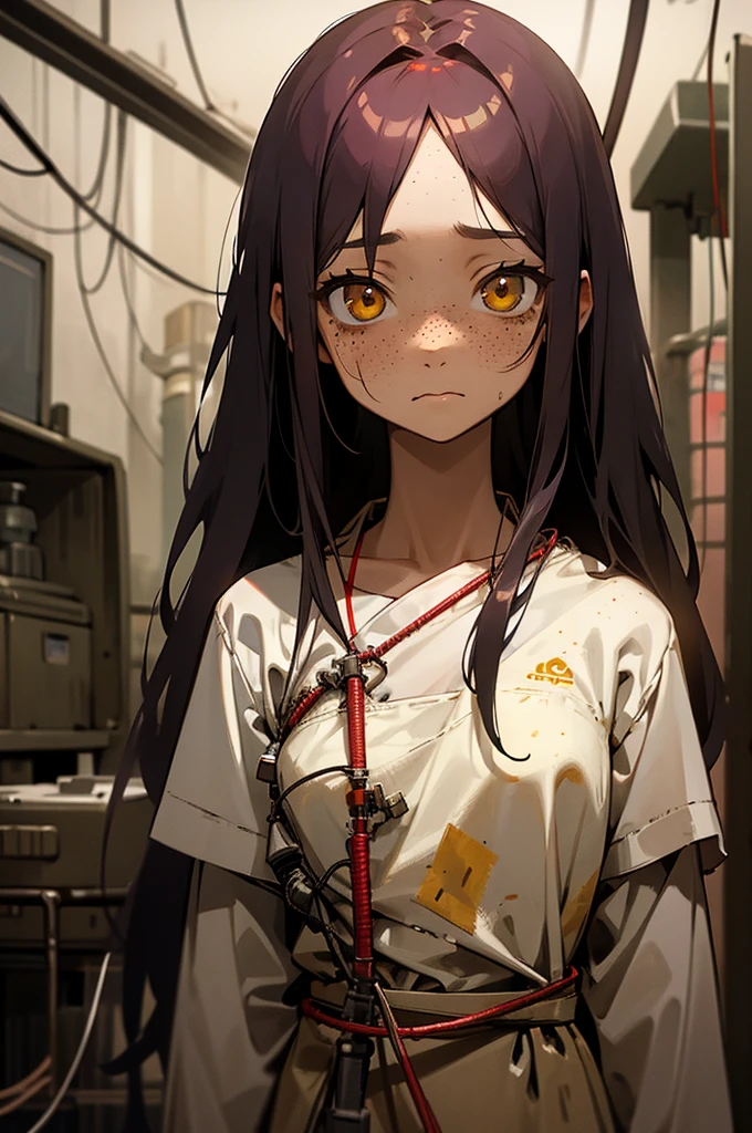 Cute face, girl, , yellow eyes, tan skin, freckles silky red long hair, old, torn, hospital gown, sad expression, midnight, dark room, abandoned laboratory, body connected to countless wires, gazing at the camera, upper body