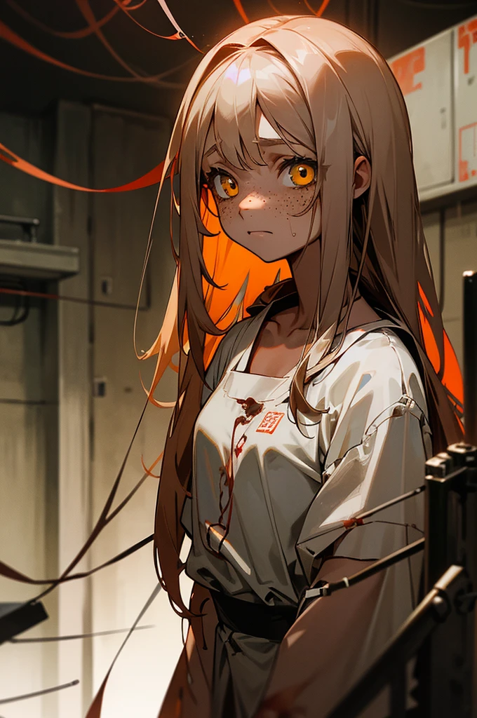 Cute face, girl, , yellow eyes, tan skin, freckles silky red long hair, old, torn, hospital gown, sad expression, midnight, dark room, abandoned laboratory, body connected to countless wires, gazing at the camera, upper body
