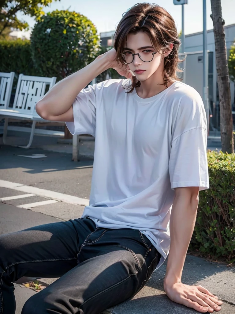 1 teenage boy, detailed eyes, curly brown hair, pale smooth skin, sitting outdoors, black skinny jeans, plaid shirt outside, t-shirt inside, model, (best quality,4k,8k,highres,masterpiece:1.2),ultra-detailed,(realistic,photorealistic,photo-realistic:1.37),hyperrealistic, cinematic lighting, professional photography, natural setting, warm color tones, pale skin ultra realistic soft smooth skin, soft smile, wearing glasses, skater boy vibe, sitting at skatepark, handsome man, very handsome face