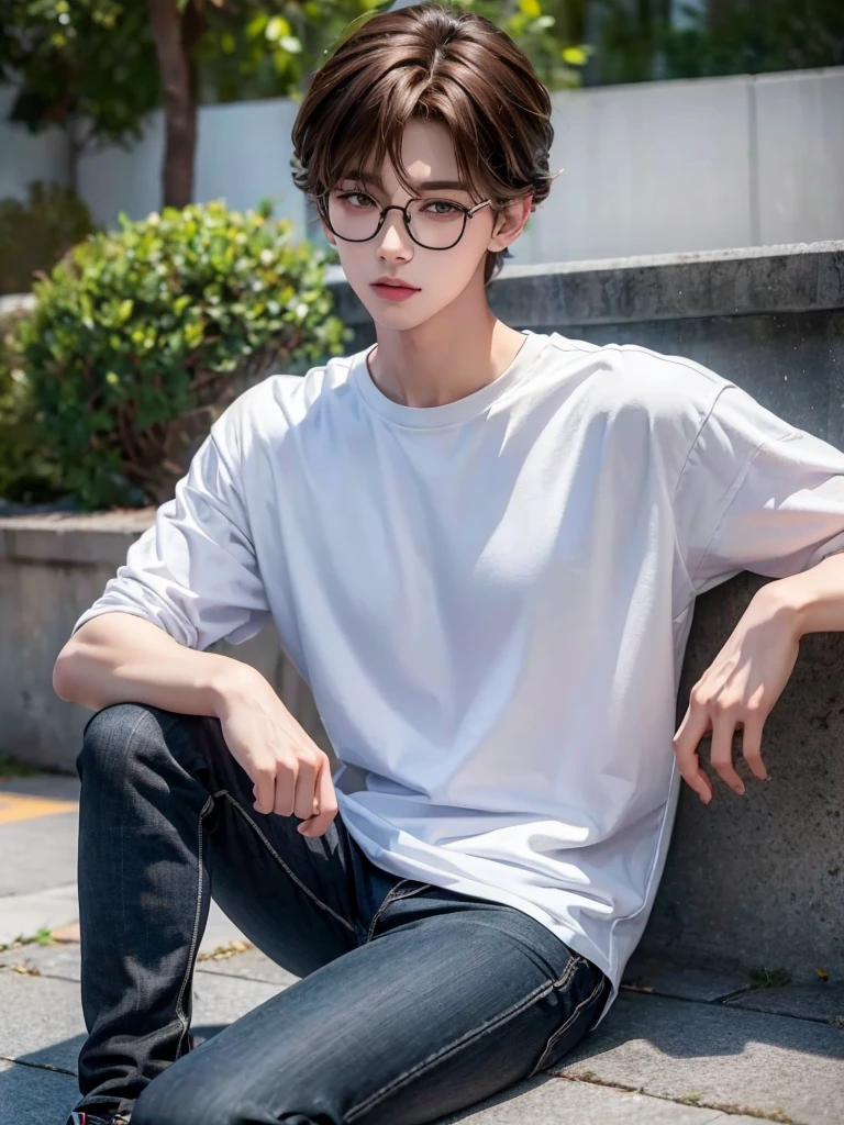 1 boy, detailed eyes, curly brown hair, pale smooth skin, sitting outdoors, skinny jeans, plaid shirt outside, t-shirt, model, (best quality,4k,8k,highres,masterpiece:1.2),ultra-detailed,(realistic,photorealistic,photo-realistic:1.37),hyperrealistic, cinematic lighting, professional photography, natural setting, warm color tones, pale skin ultra realistic soft smooth skin, soft smile, wearing glasses
