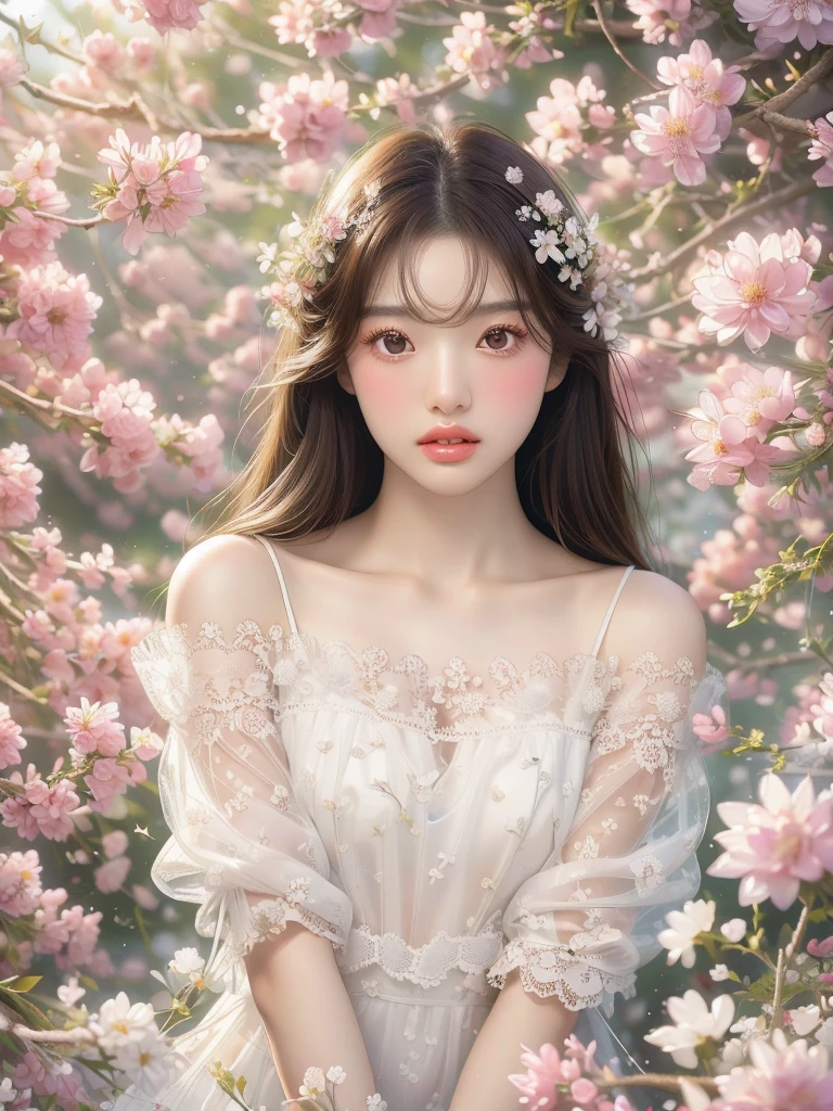 Realistic photos (one cute korean actress) Straight long hair, light makeup, (((Transparent white skin 1.5)))Medium chest,, close, Canon EOS 8K high resolution captures facial features clearly, Sharp details, Realistically、White lace dress、Off the shoulder、See-through、Surrounded by countless flowers、