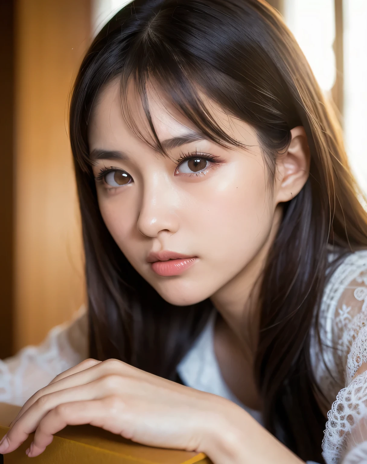 Highest quality, Face Focus, Soft Light, Ultra-high resolution, (Realistic:1.4), RAW Photos,
1 Japanese girl, alone, cute, (pupil, Light in your eyes), Beautiful face in every detail, (Small box),(High resolution detail of human skin texture),
(Long Hair),
indoor,
Damask Shirt Dress,
(Portraiture)