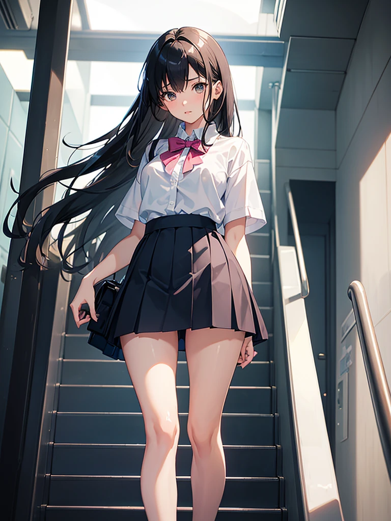 master piece, extremely detailed, high resolution, Makoto shinkai style, ONE high school girl, going up the escalator, looking back at you with her back to you, miniskirt, panties visible, embarrassed as she holds her skirt down, glossy full lips, shiny hair, black hair, medium-long straight hair, short-sleeved shirt, blue bow tie, mid-bust, slender waist, above the waist, looking at the camera, brown eyes, pink lips, blushing cheeks and embarrassed, striped panties visible