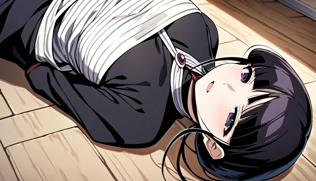 kurotsuchi nemu,Lying on the floor on her back,masterpiece, best quality, 