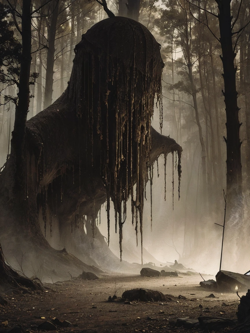 (best quality,4k,8k,highres,masterpiece:1.2),ultra-detailed,(realistic,photorealistic,photo-realistic:1.37),spooky forest,giant spider,twisted trees,dark atmosphere,eerie lighting,menacing presence,thick and sticky fluid,ominous vibes,dread-filled scenery,detailed spider web,creepy crawlies,horrifying spectacle,fractal patterns,nightmare-inducing,unsettling surroundings,horror movie setting,dreadful ambiance,vivid colors,sharp focus