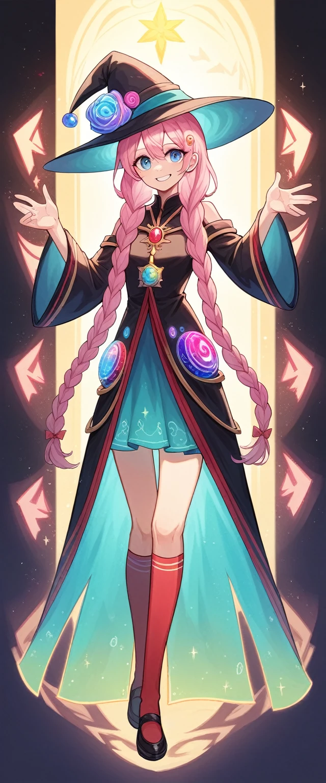 (full-body shot),Fluorescent background,(1 Witch,Flash fluorescence,hat,Transparent tulle jk,Exquisite headdress,Smile),(Paper Art,绗缝Paper Art术,geometry),(Many colors,Best quality,High Detail,masterpiece,Lighting Effects,4K,Chiaroscuro,Red knee-length socks,luminous totem,blue eyes,Sakura hair and,Long braids,Pink Haired Hatsune Witch Costume
