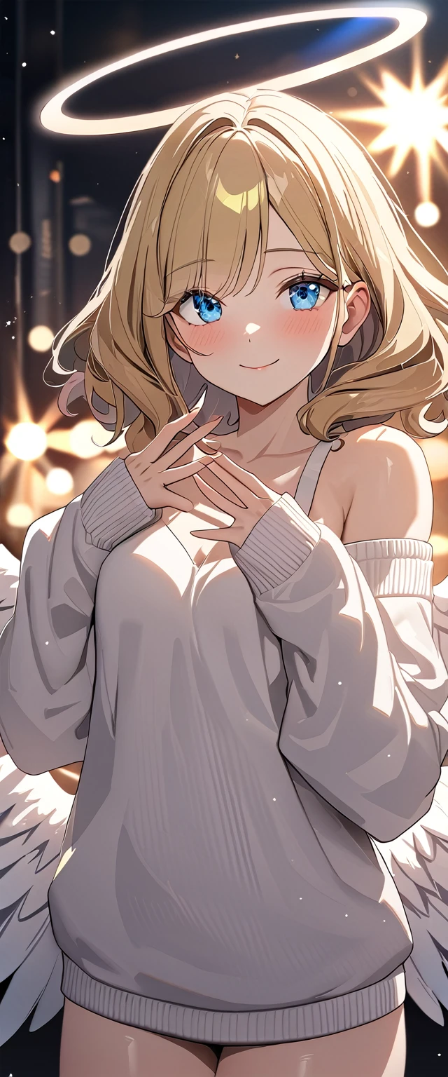 (((One girl))), (((cowboy shot))), ((flying)), ((angel, big big white wings:1.3, halo:1.3)), Uriel, ((wavy hair, outward curled hair)), evening, Sunset, ((blond hair, bob cut:1.3)), breasts, ager, (looking at viewer), oversized clothes, puffy long sleeves, collarbone, ((off-shoulder sweater dress:1.3, Quite thick shoulder straps)), (((sleeves past wrists:1.3))), ((white sweater)), collarbone, head tilt:1.3, (((blue eyes))), ((happy smile)), (((anime style))), (best quality, 4K, 8K, highres, masterpiece:1.2, ultra-detailed, ultra-detailed eyes, HDR, uhd, studio lighting, ultra-fine painting, sharp focus, physically-based rendering, extreme detail description, professional, vivid colors, bokeh), ((Highest quality, Best image quality, Ultra-high resolution, Ultra-high resolution, solo, Strong eye highlights)), Depth of written boundary, Natural soft light, attractive, Beautiful Face, Cleanliness, Pure Face, medium chest, Beautiful Face, Perfect Fingers, Perfect hands, Perfect body, Perfect Face, Shine a light into your eyes, Perfect Anatomy