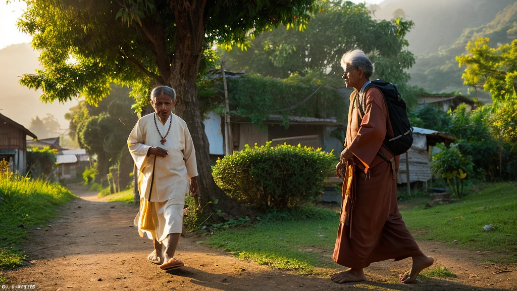 In a village 600 years ago, an elderly Brahmin is walking slowly. His face reflects deep contemplation and knowledge, as he adheres to traditional wisdom for the tribal community of the village. He is dressed in long robes and wears a simple rosary around his neck, symbolizing his devotion. He is ascending towards a high hill, where the sunrise scene is profoundly inspiring and cultural.