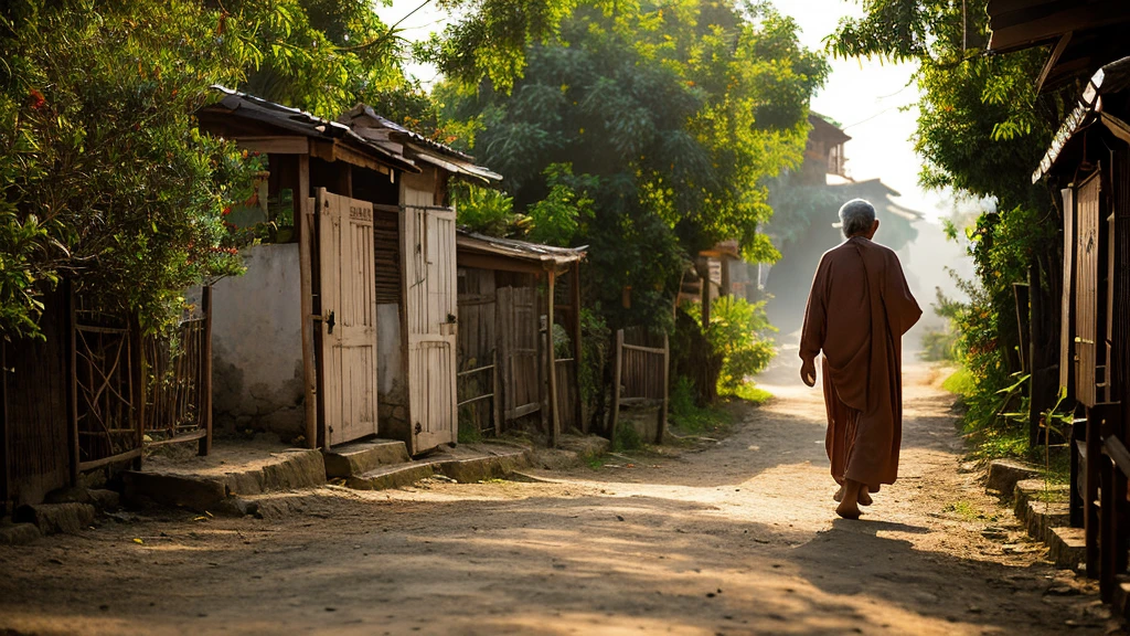 In a village 600 years ago, an elderly Brahmin is walking slowly. His face reflects deep contemplation and knowledge, as he adheres to traditional wisdom for the tribal community of the village. He is dressed in long robes and wears a simple rosary around his neck, symbolizing his devotion. He is ascending towards a high hill, where the sunrise scene is profoundly inspiring and cultural.
