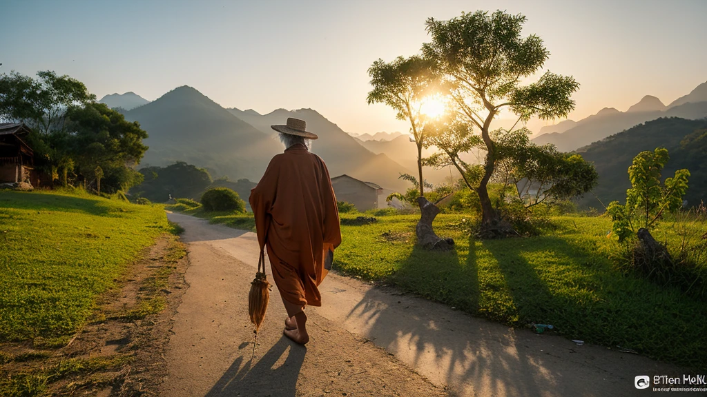 In a village 600 years ago, an elderly Brahmin is walking slowly. His face reflects deep contemplation and knowledge, as he adheres to traditional wisdom for the tribal community of the village. He is dressed in long robes and wears a simple rosary around his neck, symbolizing his devotion. He is ascending towards a high hill, where the sunrise scene is profoundly inspiring and cultural.
