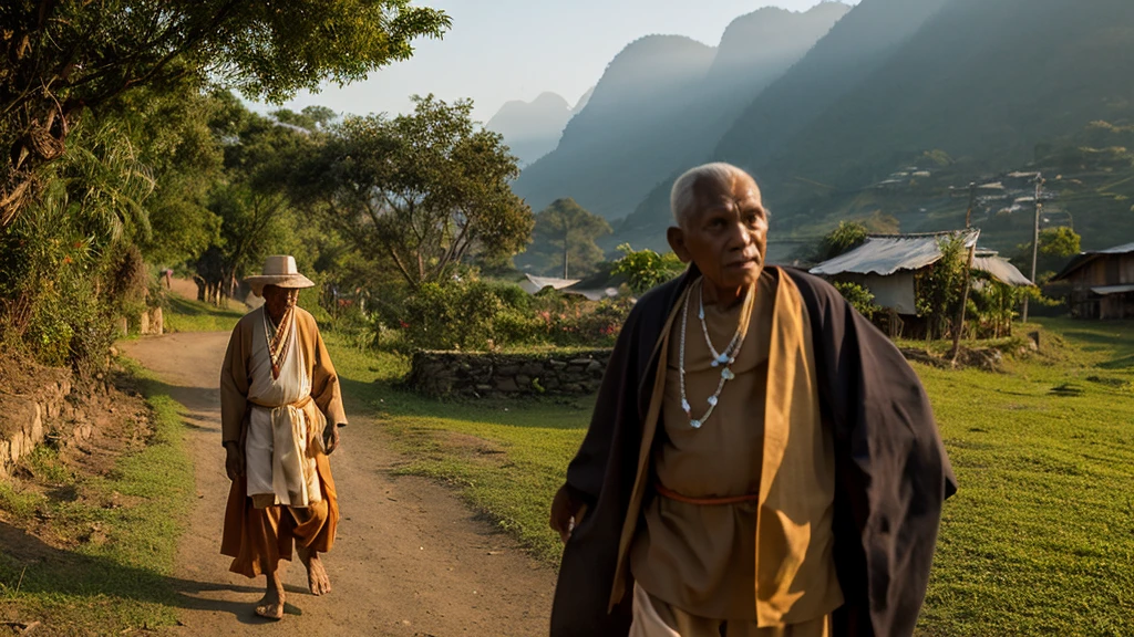 In a village 600 years ago, an elderly Brahmin is walking slowly. His face reflects deep contemplation and knowledge, as he adheres to traditional wisdom for the tribal community of the village. He is dressed in long robes and wears a simple rosary around his neck, symbolizing his devotion. He is ascending towards a high hill, where the sunrise scene is profoundly inspiring and cultural.