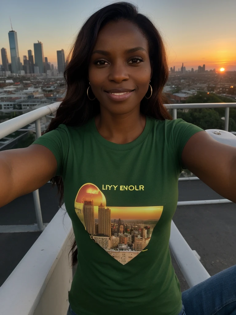 1 Mature woman, photorealistic, fisheye lens, unretouched, ((Ebony complexion)), ((Upper body selfie, Happy)), ((darkest complexion: 1.5)), (black African-very dark skin), (Halle Berry: 0.8), (young adult), (ugly face: 1.4), (((slender body wearing green t-shirt,))), ((35 years old)), (look at viewer: 1.2), (((fixed brown eyes))), BREAK, ((sunset-selfie cityscape)), clear background, (Aesthetics and atmosphere:1.2), high quality, happy expression,