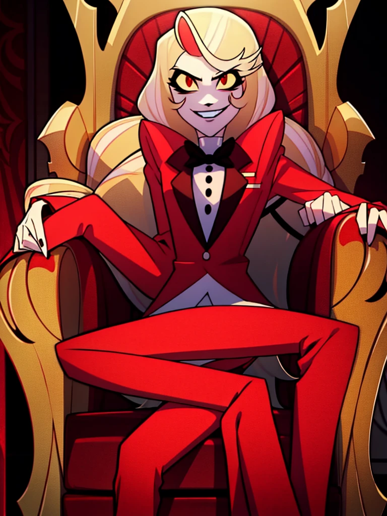 Charlie Morningstar, sitting on throne, horns, crossed legs, blonde, looking at viewer, evil, red tuxedo, hell throne, smile