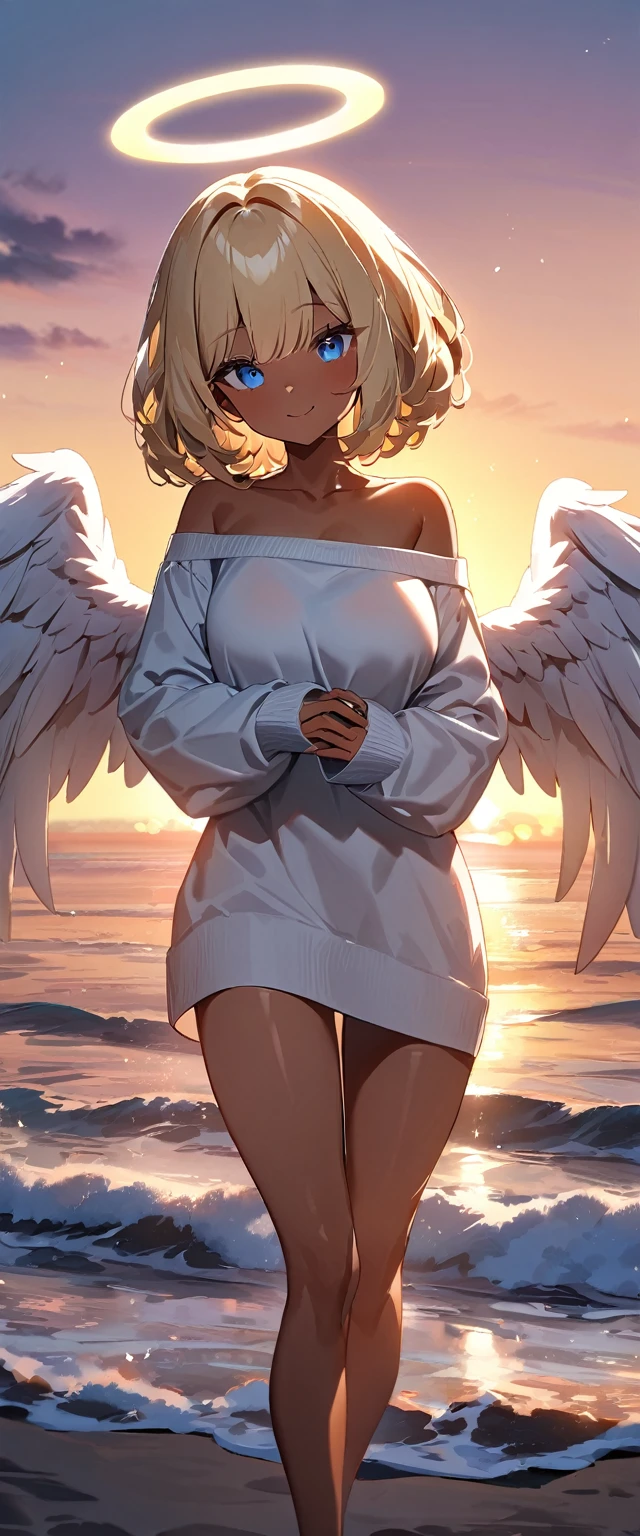 (((One girl))), full wing, ((tanned skin:1.2)), flying in the sky, ((angel, big big white wings:1.2, halo:1.3)), ((wavy hair)), evening, Sunset, sea, beach, ((blond hair, bob cut:1.3)), , teenager, (at viewer), oversized clothes, puffy long sleeves,larbone, ((off-shoulder sweater dress:1.3, Quite thick shoulder straps)), (((sleeves past wrists:1.3))), ((white sweater)), collarbone, head tilt:1.3, (((blue eye))), ((happy smile)), (((anime style))), (best quality, 4K, 8K, highres, masterpiece:1.2, ultra-detailed, ultra-detailed eyes, HDR, uhd, studio lighting, ultra-fine painting, sharp focus, physically-based rendering, extreme detail description, professional, vivid colors, bokeh), ((Highest quality, Best image quality, Ultra-high resolution, Ultra-high resolution, solo, Strong eye highlights)), Depth of written boundary, Natural soft light, attractive, Beautiful Face, Cleanliness, Pure Face, medium chest, Beautiful Face, Perfect Fingers, Perfect hands, Perfect body, Perfect Face, Shine a light into your eyes, Perfect Anatomy