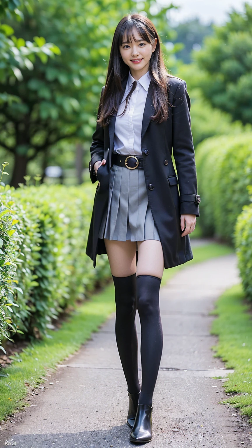 (8K、RAW Photos、Highest quality、masterpiece:1.2)、(Realistic、Realistic)、1 Girl、((Check mini skirt、Long coat、Medium Hair、black、Thin legs、whole body、boots、blackいコート、one piece、tights、garden、View from the front、smile、Looking into the camera、belt、Stand with hands on hips))、cute