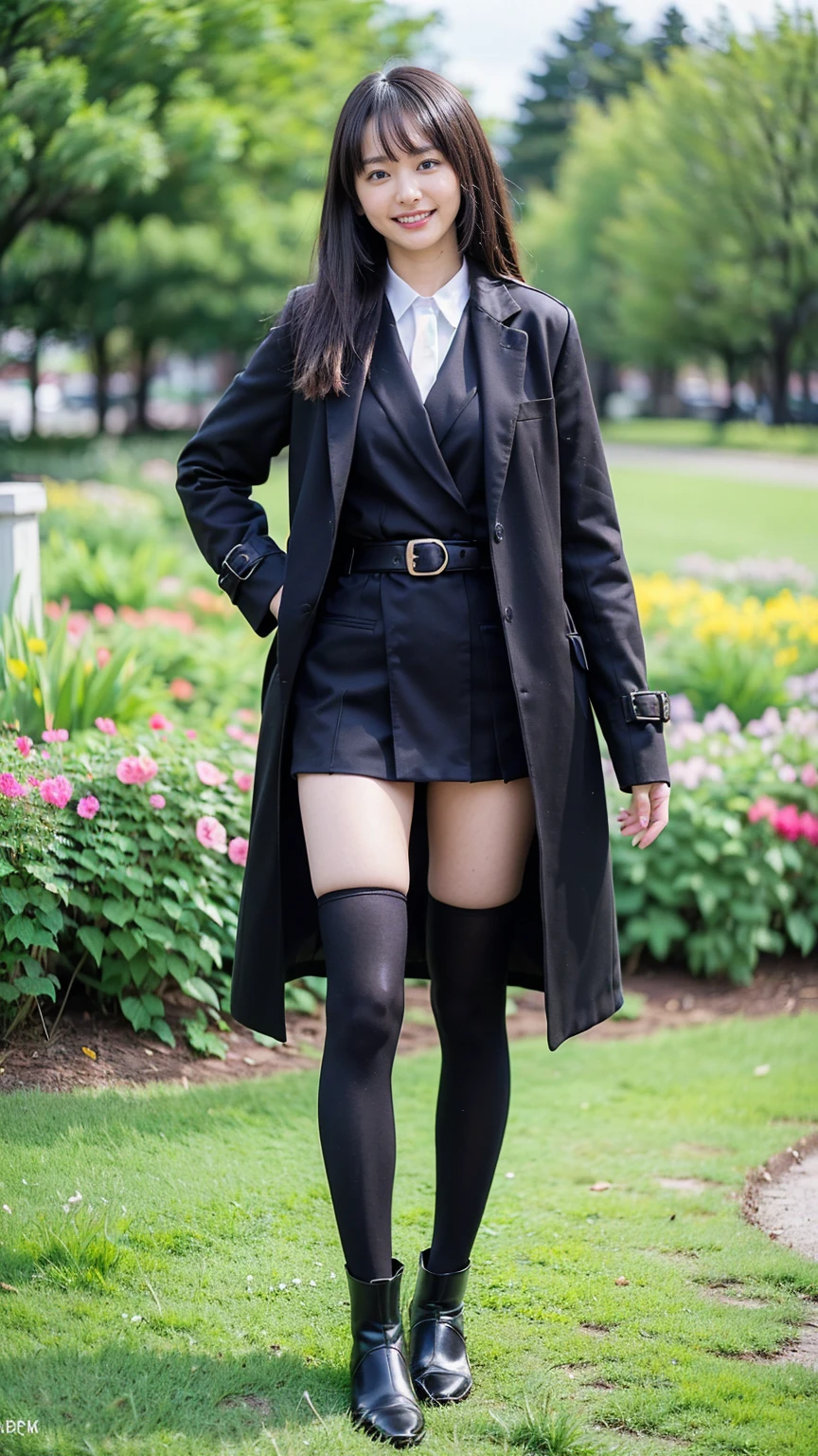 (8K、RAW Photos、Highest quality、masterpiece:1.2)、(Realistic、Realistic)、1 Girl、((Check mini skirt、Long coat、Medium Hair、black、Thin legs、whole body、boots、blackいコート、one piece、tights、garden、View from the front、smile、Looking into the camera、belt、Stand with hands on hips))、cute