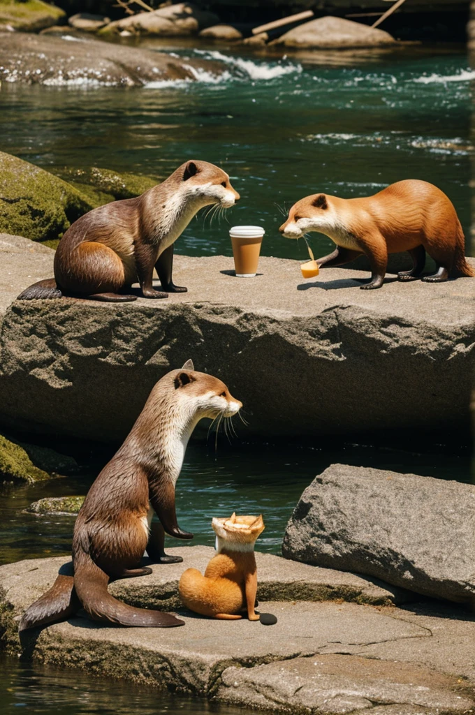 An otter sitting next to a fox eating a sandwich and drinking coffee 