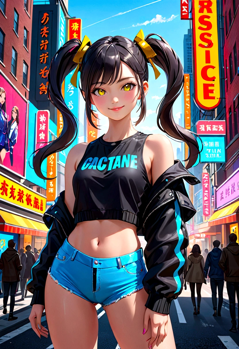Best quality, high resolution, Masterpiece: 1.3, Stunning Adult Woman, Hairstyle: Twin Tails, mini skirt, Masterpiece, Confident Smile, Realistic, Bold Personality, Multiple Female Characters, Captivating Eyes, Attractive Features, Colorful Twin Tails, High Fashion mini skirt, Urban Theme, Neon Signs, Busy City Street, Bright Lights, Reflective Surfaces, Detailed Clothes, Accessories, Closeup 3D Octane rendering, ray tracing, super detailing viewer, closeup. front view