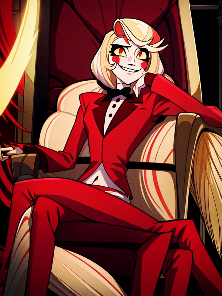 Charlie Morningstar, sitting on throne, horns, crossed legs, blonde, looking at viewer, evil, red tuxedo, hell throne, smile