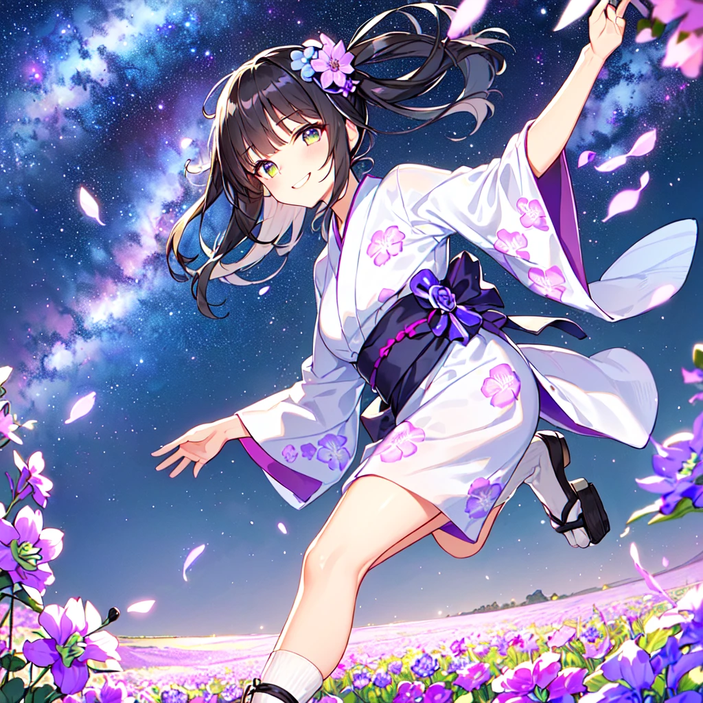 masterpiece, best quality, high quality, extremely detailed, very delicate and beautiful, (1 female 18 years old solo:1.5), (long black hair up to waist with two side up:1.5), bangs to eyebrows, eyes (eyes sharp, strong and glossy, eyebrows glossy, (eye color magenta: 1.3), 6.5 head height, (yukata bellflower flower print fashion: 1.3), bellflower hair ornament, knee socks, ruffles, lace, (smiling), (running), (dynamic pose), (background bellflower colorful flower field:1.3), (Milky Way Night Sky:1.3)
