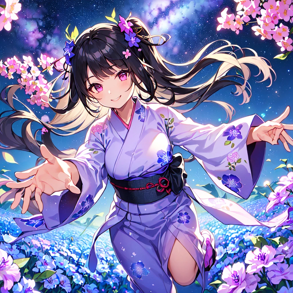 masterpiece, best quality, high quality, extremely detailed, very delicate and beautiful, (1 female 18 years old solo:1.5), (long black hair up to waist with two side up:1.5), bangs to eyebrows, eyes (eyes sharp, strong and glossy, eyebrows glossy, (eye color magenta: 1.3), 6.5 head height, (yukata bellflower flower print fashion: 1.3), bellflower hair ornament, knee socks, ruffles, lace, (smiling), (running), (dynamic pose), (background bellflower colorful flower field:1.3), (Milky Way Night Sky:1.3)
