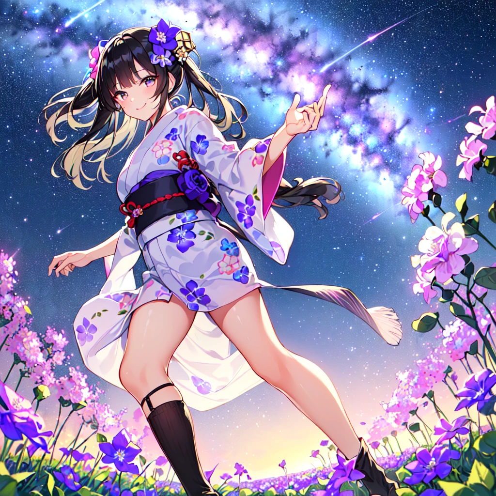 masterpiece, best quality, high quality, extremely detailed, very delicate and beautiful, (1 female 18 years old solo:1.5), (long black hair up to waist with two side up:1.5), bangs to eyebrows, eyes (eyes sharp, strong and glossy, eyebrows glossy, (eye color magenta: 1.3), 6.5 head height, (yukata bellflower flower print fashion: 1.3), bellflower hair ornament, knee socks, ruffles, lace, (smiling), (running), (dynamic pose), (background bellflower colorful flower field:1.3), (Milky Way Night Sky:1.3)