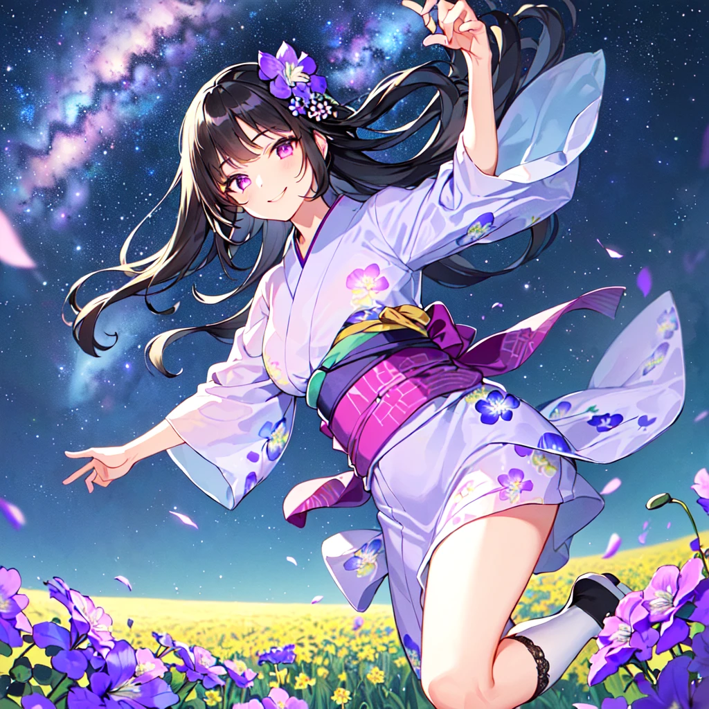 masterpiece, best quality, high quality, extremely detailed, very delicate and beautiful, (1 female 18 years old solo:1.5), (long black hair up to waist with two side up:1.5), bangs to eyebrows, eyes (eyes sharp, strong and glossy, eyebrows glossy, (eye color magenta: 1.3), 6.5 head height, (yukata bellflower flower print fashion: 1.3), bellflower hair ornament, knee socks, ruffles, lace, (smiling), (running), (dynamic pose), (background bellflower colorful flower field:1.3), (Milky Way Night Sky:1.3)