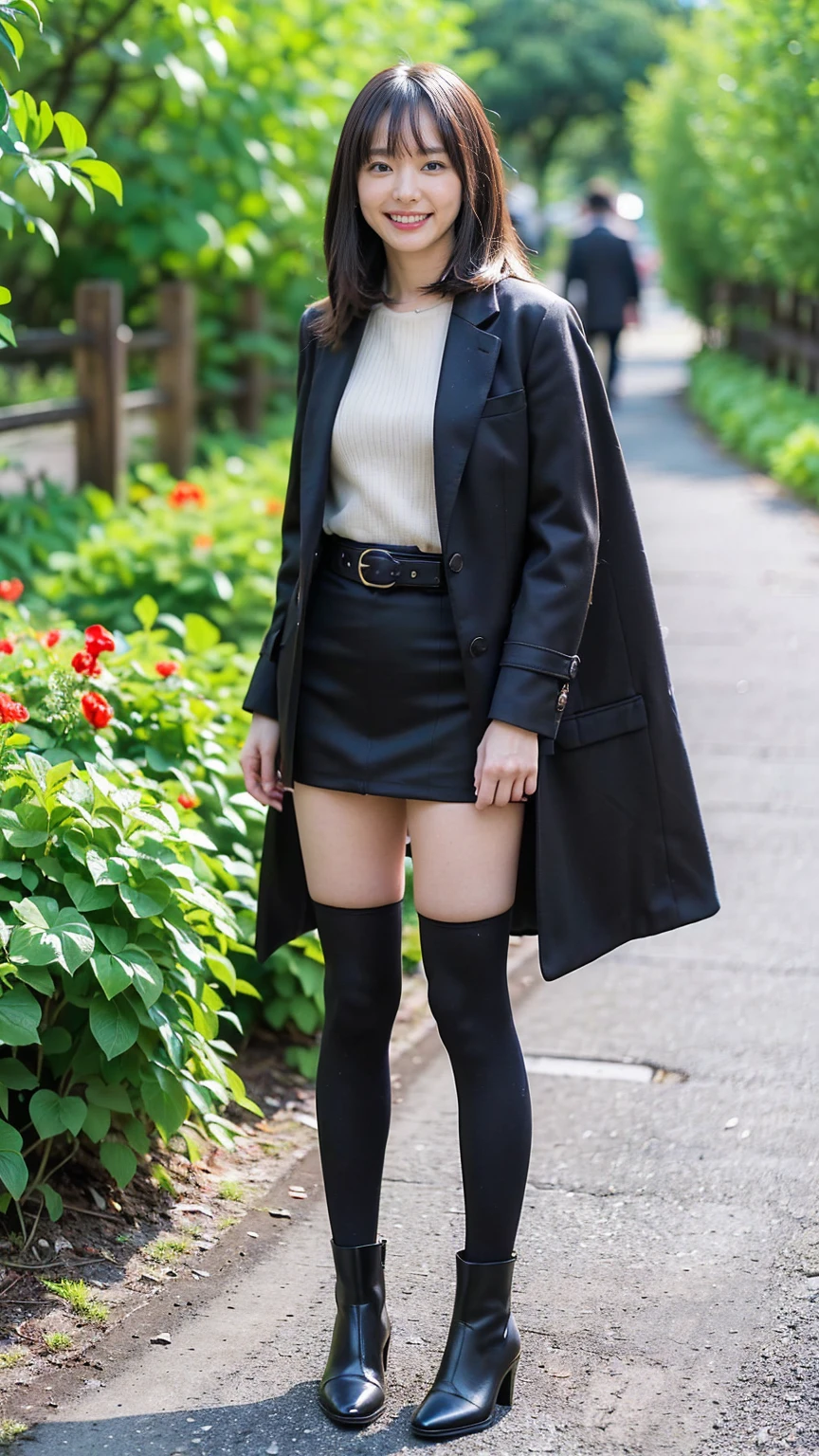 (8K、RAW Photos、Highest quality、masterpiece:1.2)、(Realistic、Realistic)、1 Girl、((mini skirt、coat、black、Thin legs、whole body、boots、one piece、tights、garden、View from the front、Looking into the camera、belt、Stand with hands on hips))、cute
