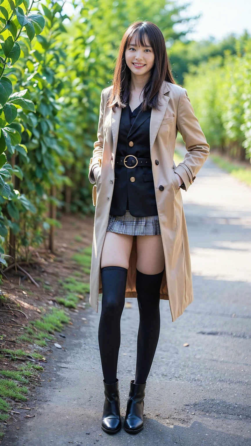 (8K、RAW Photos、Highest quality、masterpiece:1.2)、(Realistic、Realistic)、1 Girl、((Check mini skirt、Long coat、Medium Hair、black、Thin legs、whole body、boots、blackいコート、one piece、tights、garden、View from the front、smile、Looking into the camera、belt、Stand with hands on hips))、cute