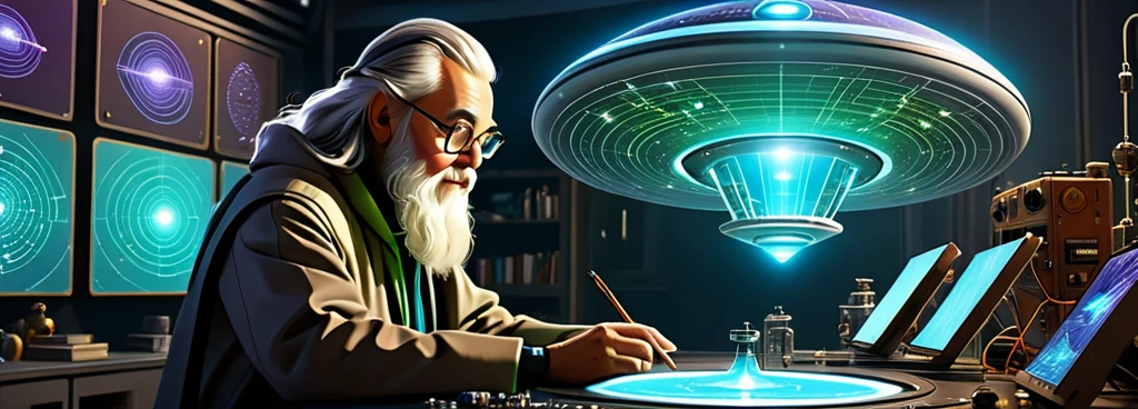 Imagine a sci-fi laboratory where scientific instruments coexist with alien artifacts. In the foreground is a wizard maker creating a holographic projection of an NFT artifact. There are miniature drones flying around him that look like little UFOs. In the background, the electronic control unit for the UFO is being tested. The walls are decorated with drawings of unidentified flying objects (UFOs) and code screens. retro sci-fi painting, retro sci-fi art.
