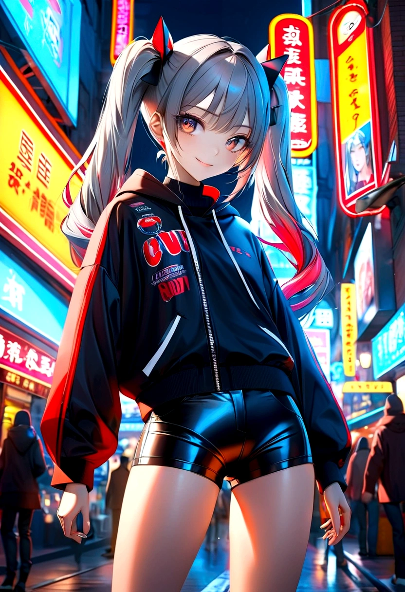 Best quality, high resolution, Masterpiece: 1.3, Stunning Adult Woman, Hairstyle: Twin Tails, mini skirt, Masterpiece, Confident Smile, Realistic, Bold Personality, Multiple Female Characters, Captivating Eyes, Attractive Features, Colorful Twin Tails, High Fashion mini skirt, Urban Theme, Neon Signs, Busy City Street, Bright Lights, Reflective Surfaces, Detailed Clothes, Accessories, Closeup 3D Octane rendering, ray tracing, super detailing viewer, closeup. front view