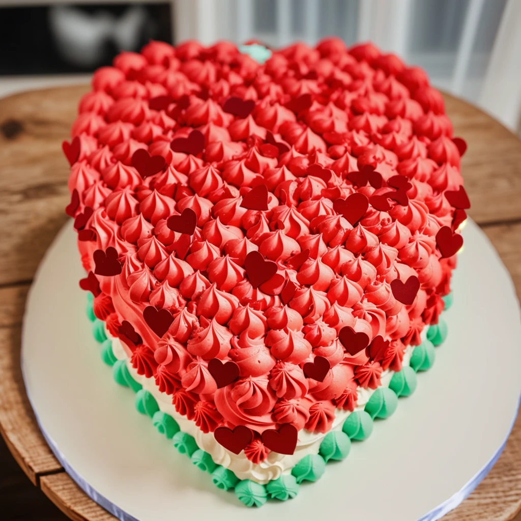 on a wooden table, a cream cake in the form of a heart, the lower part of the cake is made of green cream stars, a cream layers red white green, made of polymer clay, window light, bright lights, soft light, window light, professional lighting, light from the window, neat light, realistic texture, realistic style, detailed texture, high quality, high resolution, high quality rendering, realistic photo, brightning light, macro photo