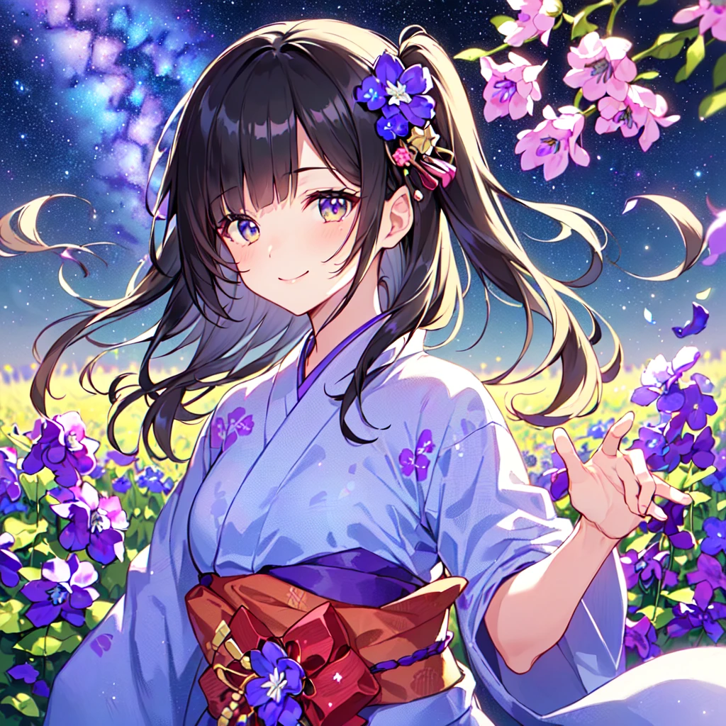 masterpiece, best quality, high quality, extremely detailed, very delicate and beautiful, (1 female 18 years old solo:1.5), (long black hair up to waist with two side up:1.5), bangs to eyebrows, eyes (eyes sharp, strong and glossy, eyebrows glossy, (eye color magenta: 1.3), 6.5 head height, (yukata bellflower flower print fashion: 1.3), bellflower hair ornament, knee socks, ruffles, lace, (smiling), (running), (dynamic pose), (background bellflower colorful flower field:1.3), (Milky Way Night Sky:1.3), (upper body:1.3)