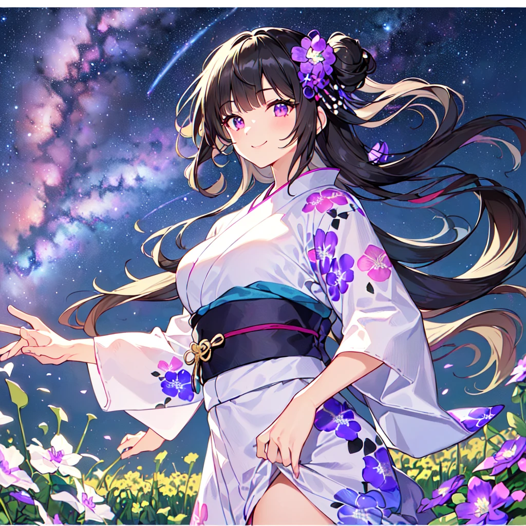 masterpiece, best quality, high quality, extremely detailed, very delicate and beautiful, (1 female 18 years old solo:1.5), (long black hair up to waist with two side up:1.5), bangs to eyebrows, eyes (eyes sharp, strong and glossy, eyebrows glossy, (eye color magenta: 1.3), 6.5 head height, (yukata bellflower flower print fashion: 1.3), bellflower hair ornament, knee socks, ruffles, lace, (smiling), (running), (dynamic pose), (background bellflower colorful flower field:1.3), (Milky Way Night Sky:1.3), (upper body:1.3)