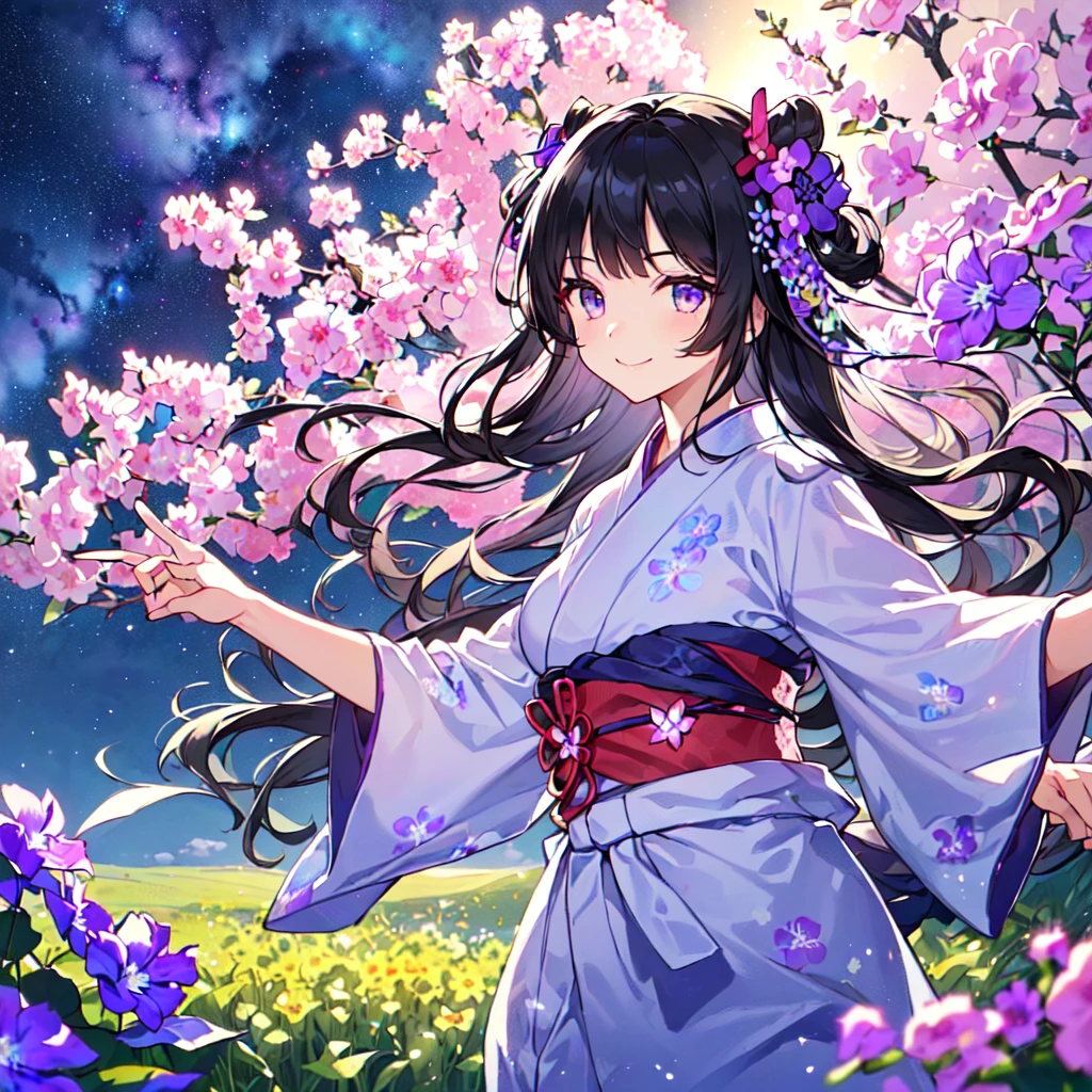 masterpiece, best quality, high quality, extremely detailed, very delicate and beautiful, (1 female 18 years old solo:1.5), (long black hair up to waist with two side up:1.5), bangs to eyebrows, eyes (eyes sharp, strong and glossy, eyebrows glossy, (eye color magenta: 1.3), 6.5 head height, (yukata bellflower flower print fashion: 1.3), bellflower hair ornament, knee socks, ruffles, lace, (smiling), (running), (dynamic pose), (background bellflower colorful flower field:1.3), (Milky Way Night Sky:1.3), (upper body:1.3)