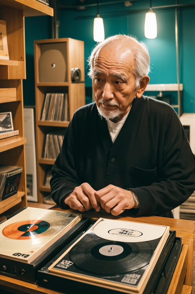 Old man listening to records Angle like Yasujiro Ozu
