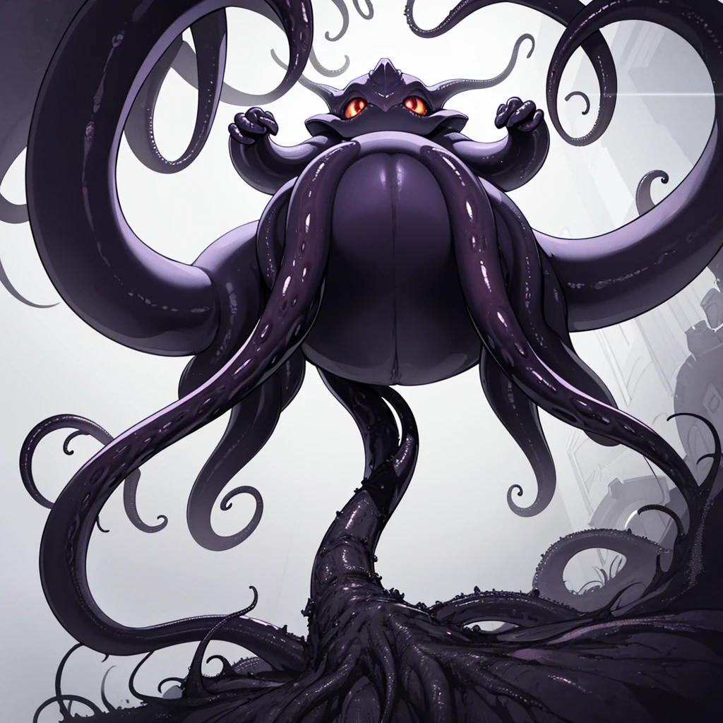 (No humans)、An alien tentacle creature with tentacles branching out from a central body with a single large eye、From below
