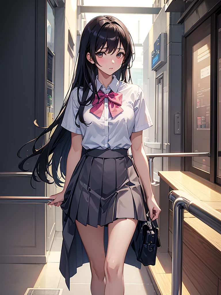 master piece, extremely detailed, high resolution, Makoto shinkai style, ONE high school girl, going up the escalator, looking back at you with her back to you, miniskirt, panties visible, embarrassed as she holds her skirt down, glossy full lips, shiny hair, black hair, medium-long straight hair, short-sleeved shirt, blue bow tie, mid-bust, slender waist, above the waist, looking at the camera, brown eyes, pink lips, blushing cheeks and embarrassed, striped panties visible