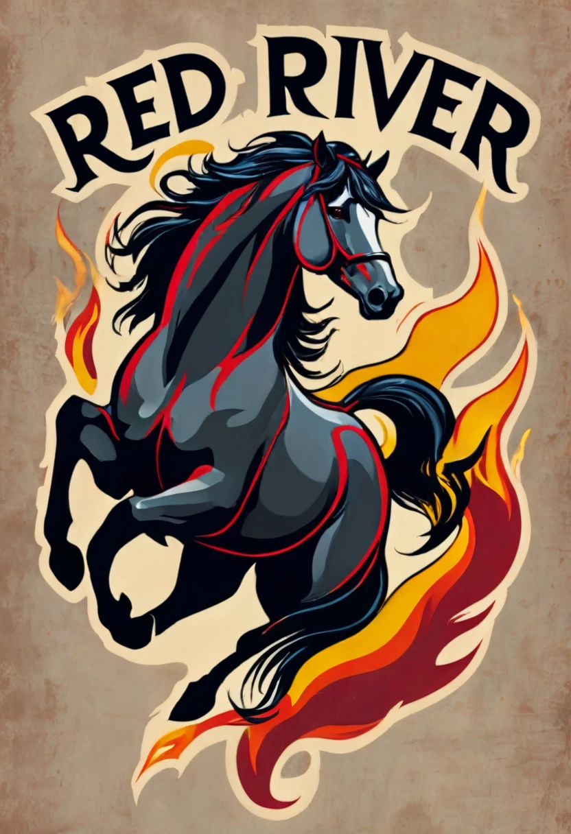 **Top Rocker:**
- **Text:** "RED RIVER RIDERS" in bold, capital letters completing the top rocker.
- **Background:** Rich crimson with sleek black outlines.
- **Font:** Powerful, serif typeface with a weathered, vintage aesthetic.
**Center Patch:**
- **Main Image:** A fierce, blazing stallion rearing up on its hind legs.
- **Details:** Flames emanating from the stallion's mane, tail, and hooves, creating a dynamic and intense appearance.
- **Colors:** Predominantly fiery red, vibrant orange, and glowing yellow flames with dark accents of black and charcoal for the stallion.
No text beneath the center patch.,(Masterpiece:1.3), (best quality:1.3), official art, 8k, intricate details, high details, high resolution,