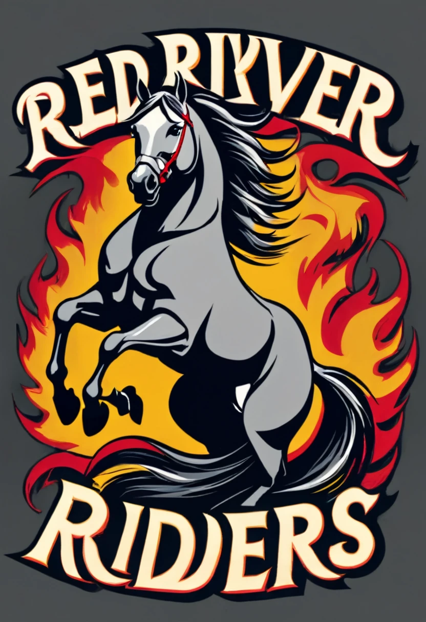 **Top Rocker:**
- **Text:** "RED RIVER RIDERS" in bold, capital letters completing the top rocker.
- **Background:** Rich crimson with sleek black outlines.
- **Font:** Powerful, serif typeface with a weathered, vintage aesthetic.

**Center Patch:**
- **Main Image:** A fierce, blazing stallion rearing up on its hind legs.
- **Details:** Flames emanating from the stallion's mane, tail, and hooves, creating a dynamic and intense appearance.
- **Colors:** Predominantly fiery red, vibrant orange, and glowing yellow flames with dark accents of black and charcoal for the stallion.

No text beneath the center patch.,(Masterpiece:1.3), (best quality:1.3), official art, 8k, intricate details, high details, high resolution,