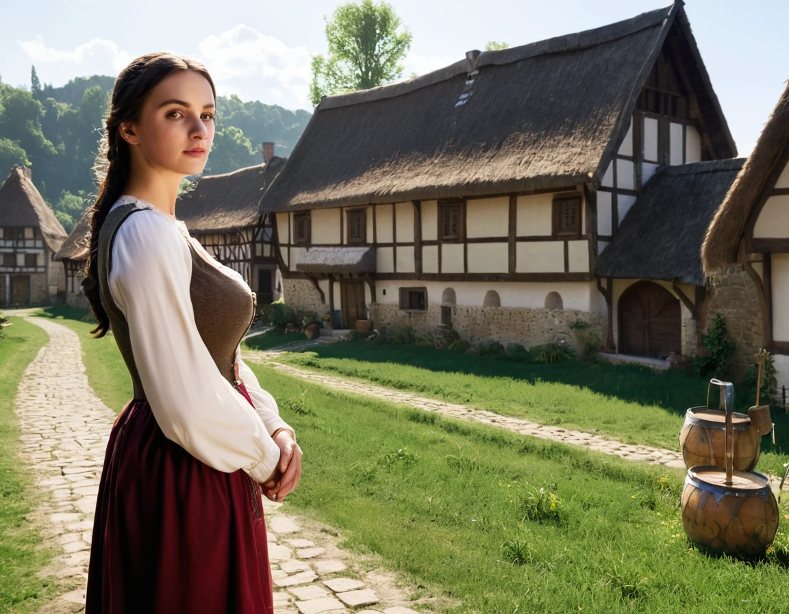 Medieval village, village houses in foreground, manor in background, villager in foreground, young woman, huge breasts, simple clothes