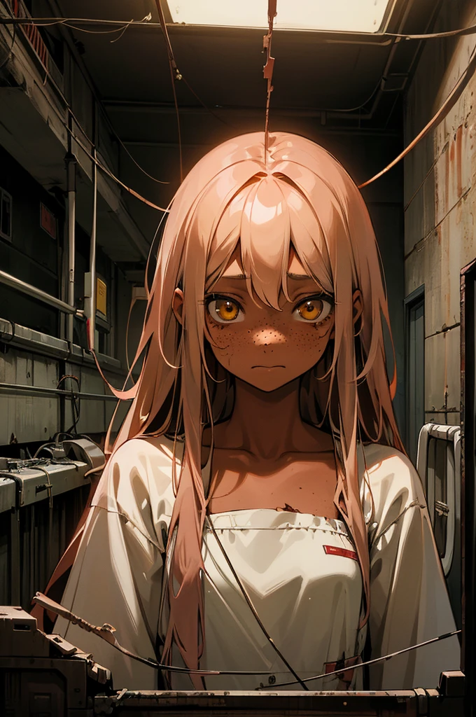 Cute face, girl, , yellow eyes, tan skin, freckles silky red long hair, old, torn, hospital gown, emotionless expression, midnight, dark room, abandoned laboratory, body connected to countless wires, gazing at the camera, upper body